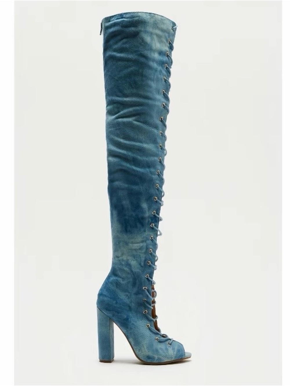 Fashion Nova Denim-Style Light Blue Lace-Up Over-the-Knee Heel Boots - Picture 3 of 8